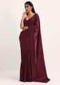 Wine Saree With Thread And Stone Embroidery And Unstitched Blouse