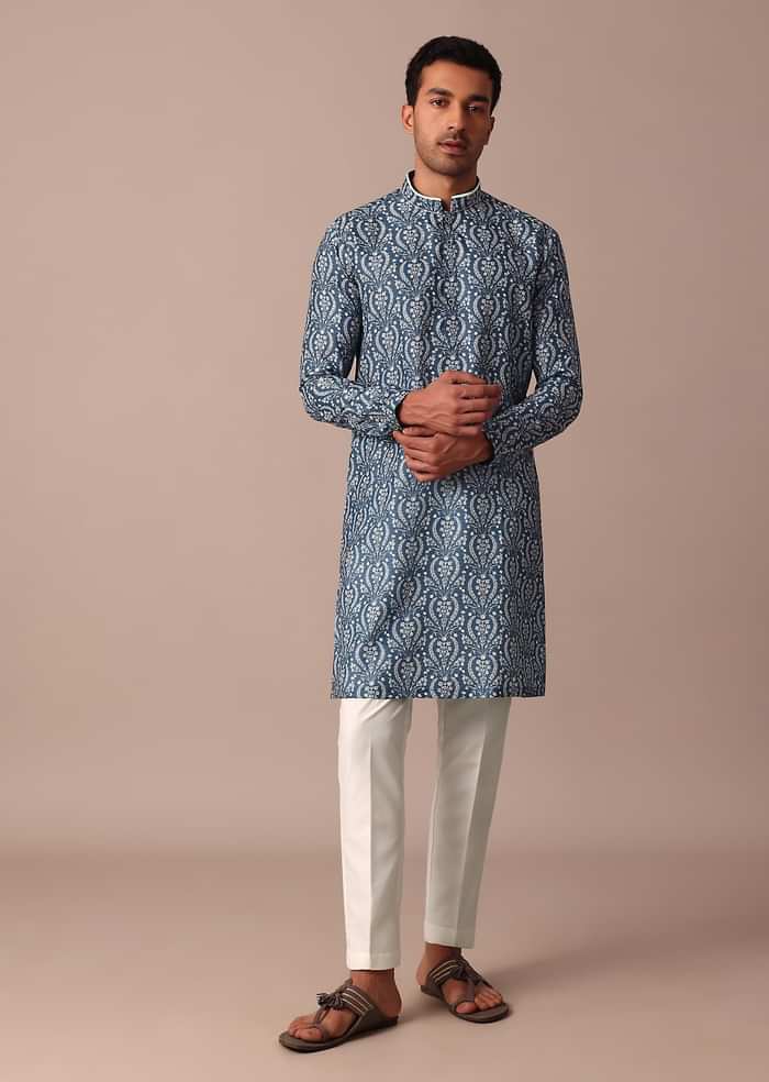 Navy Blue Cotton Silk Straight Kurta With Printed Work