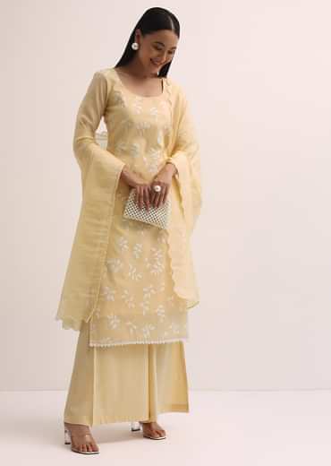 Pale Yellow Palazzo Set With Patchwork Kurta Stitched Dress Material