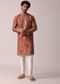 Orange Floral Printed Silk Kurta Set For Men