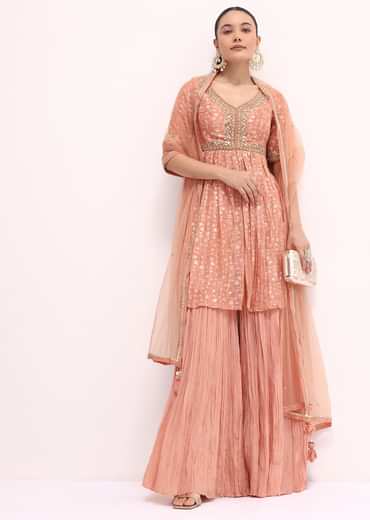 Peach Embroidered Kurta Sharara Set