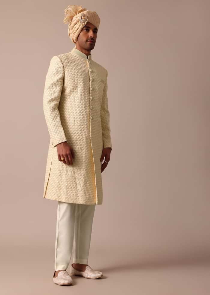 Magnificent Beige Silk Lucknowi Sherwani Set