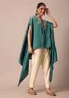 Chic Turquoise Blue Crop Top With Embroidered Jacket And Pants