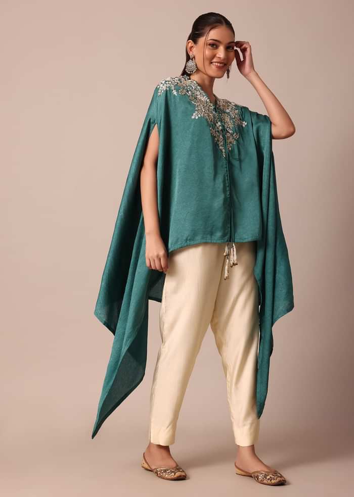 Chic Turquoise Blue Crop Top With Embroidered Jacket And Pants