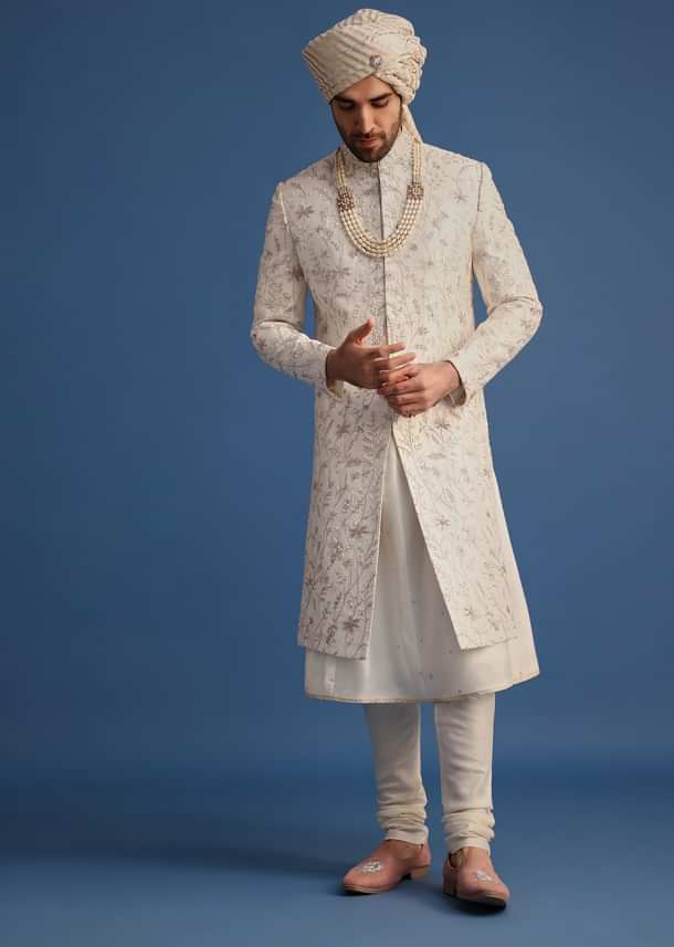 Off White Raw Silk Embroidered Sherwani Suit