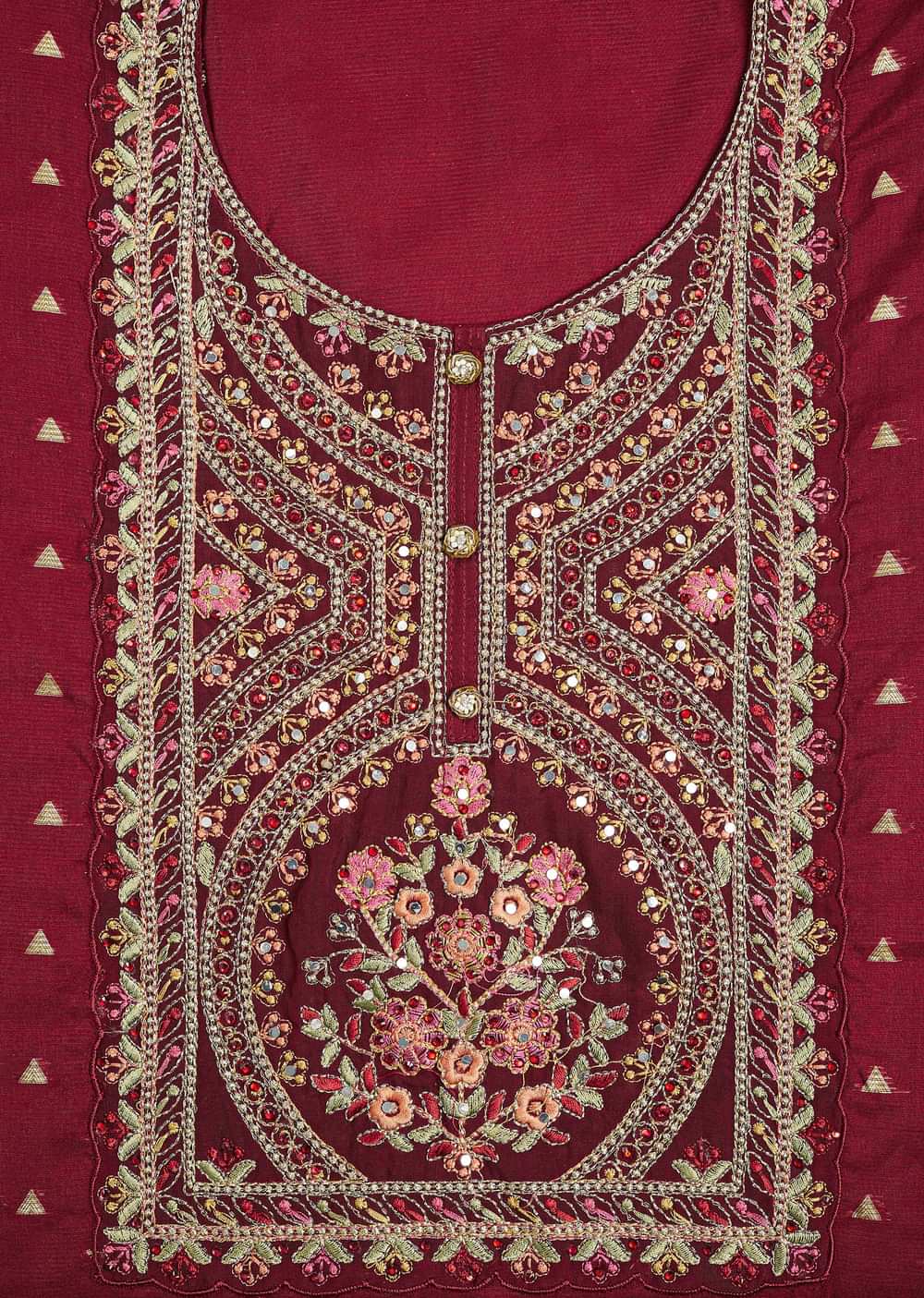 Red Tissue Unstitched Suit Set With Resham And Zari Embroidery