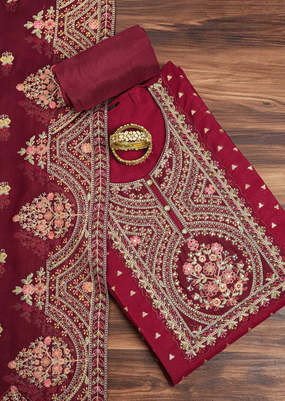 Red Tissue Unstitched Suit Set With Resham And Zari Embroidery