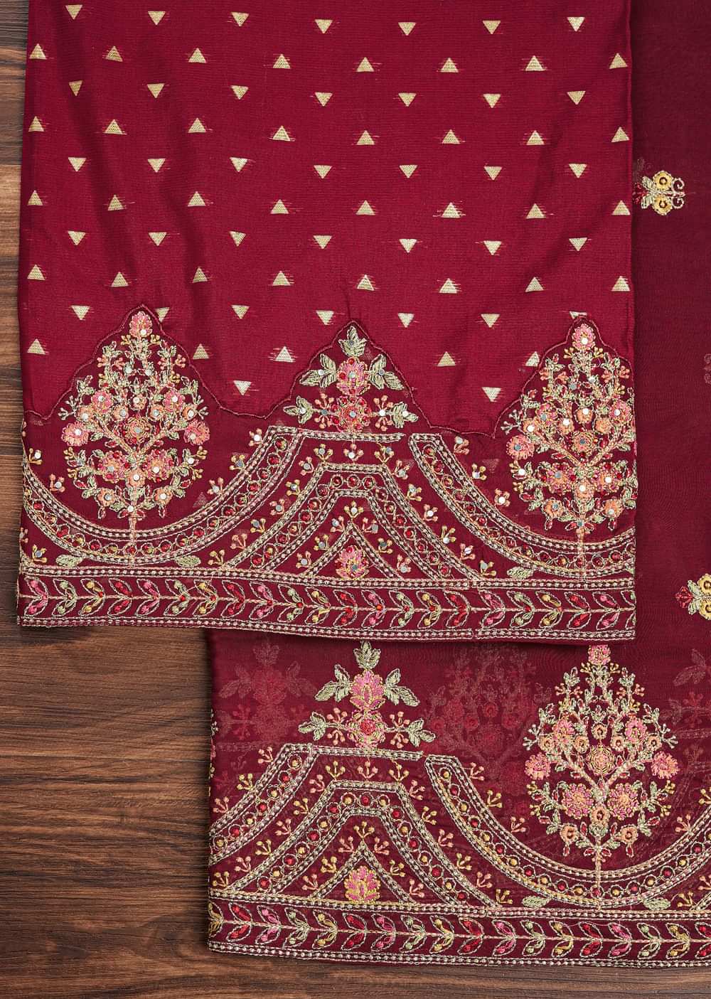 Red Tissue Unstitched Suit Set With Resham And Zari Embroidery