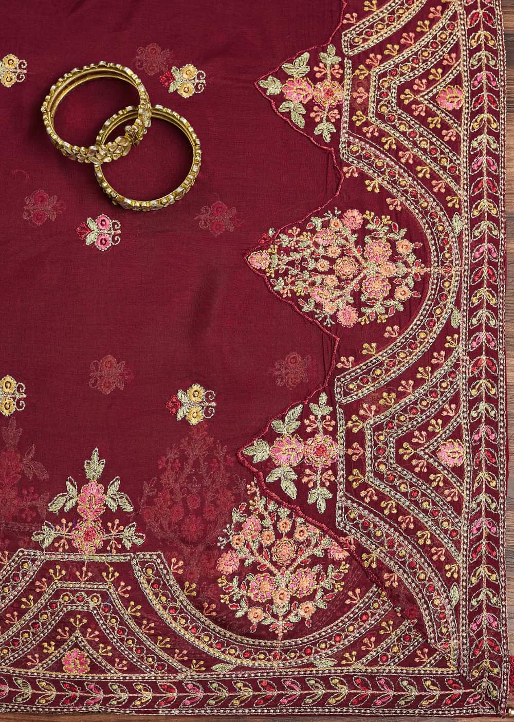 Red Tissue Unstitched Suit Set With Resham And Zari Embroidery
