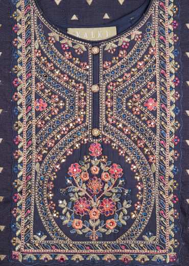 Navy Blue Tissue Unstitched Suit Set With Resham And Zari Embroidery