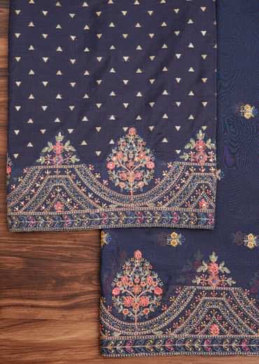 Navy Blue Tissue Unstitched Suit Set With Resham And Zari Embroidery
