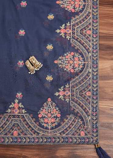 Navy Blue Tissue Unstitched Suit Set With Resham And Zari Embroidery