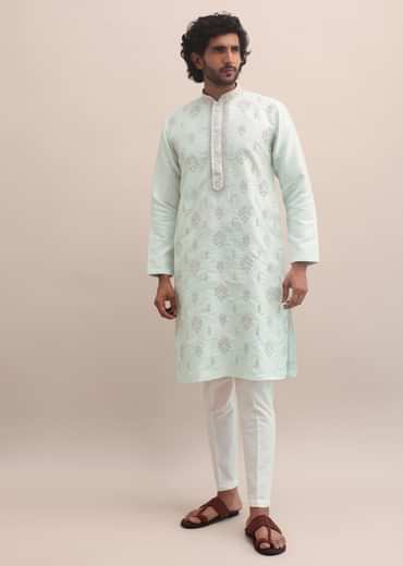 Light Pista Thread Embroidered Cotton Silk Kurta Set For Men