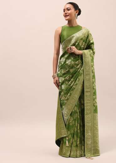 Green Silk Saree In Butta Work With Unstitched Blouse Green Silk Saree In Butta Work With Unstitched Blouse