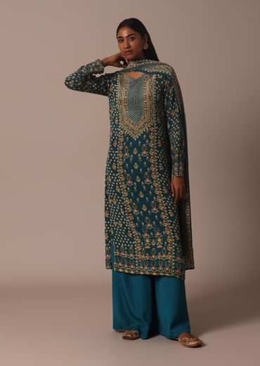 Blue Printed With Stone Detail Kurta Palazzo Set