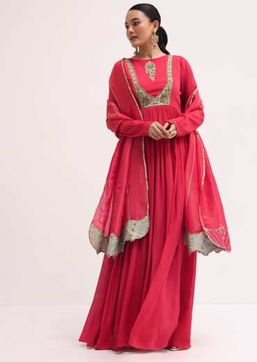 Pink Embroidered Chiffon Anarkali With Tissue Dupatta