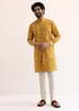 Yellow Cotton Silk Embroidered Kurta Set For Men