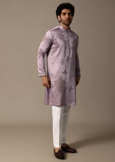 Pink Hand Embroidered Linen Kurta Set For Men
