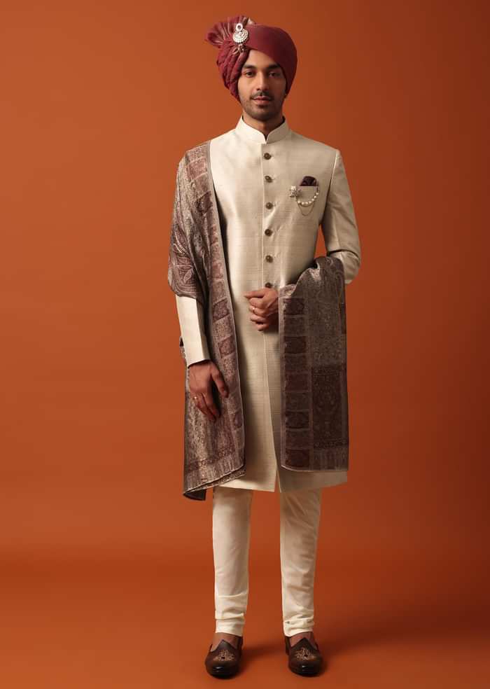 Radiant Gold Silk Sherwani Set With Pure Silk Pashmina Dupatta