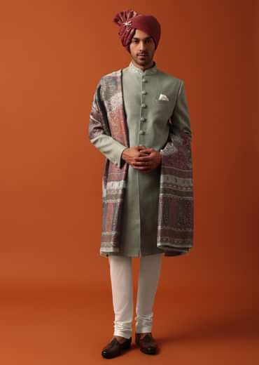 Green Sherwani Set Featuring Exquisite Neckline Embroidery With A Pashmina Dupatta