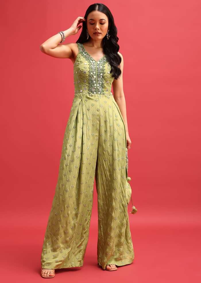 Green Embroidered Jumpsuit With Potli Bag