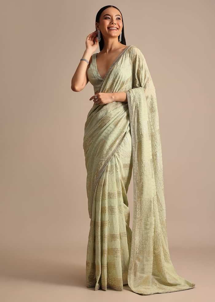 Pista Green Embroidered Georgette Saree With Unstitched Blouse