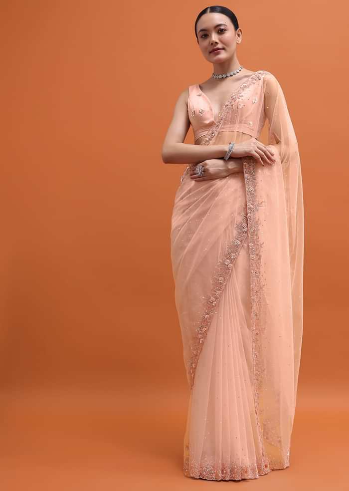 Powder Pink Embroidered Net Saree With Unstitched Blouse