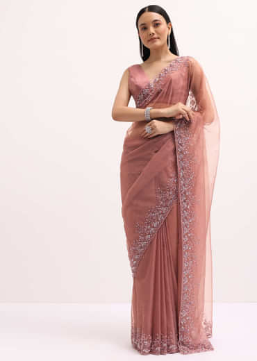 Dark Peach Embroidered Organza Saree With Unstitched Blouse
