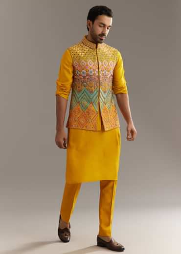 Yellow Silk Kurta Jacket Set With Multicolor Hand Work