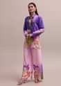 Shell Worked Pastel Purple Linen Summer Co-ord Set With Abstract Floral Prints