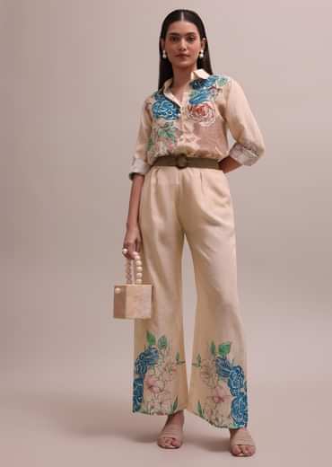 Peach Linen Summer Co-ord Set With Floral Stripe Print Kurta And Pants