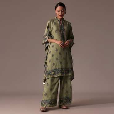 Green Kaftan Sequins Silk Co Ord Set