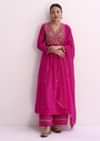 Pink Silk Palazzo Set With Zari Embroidered A-Line Kurta And Dupatta