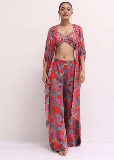 Grey Chiffon Palazzo Set With Jacket