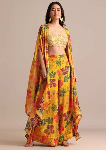 Yellow Embroidered Chiffon Palazzo Suit With Jacket