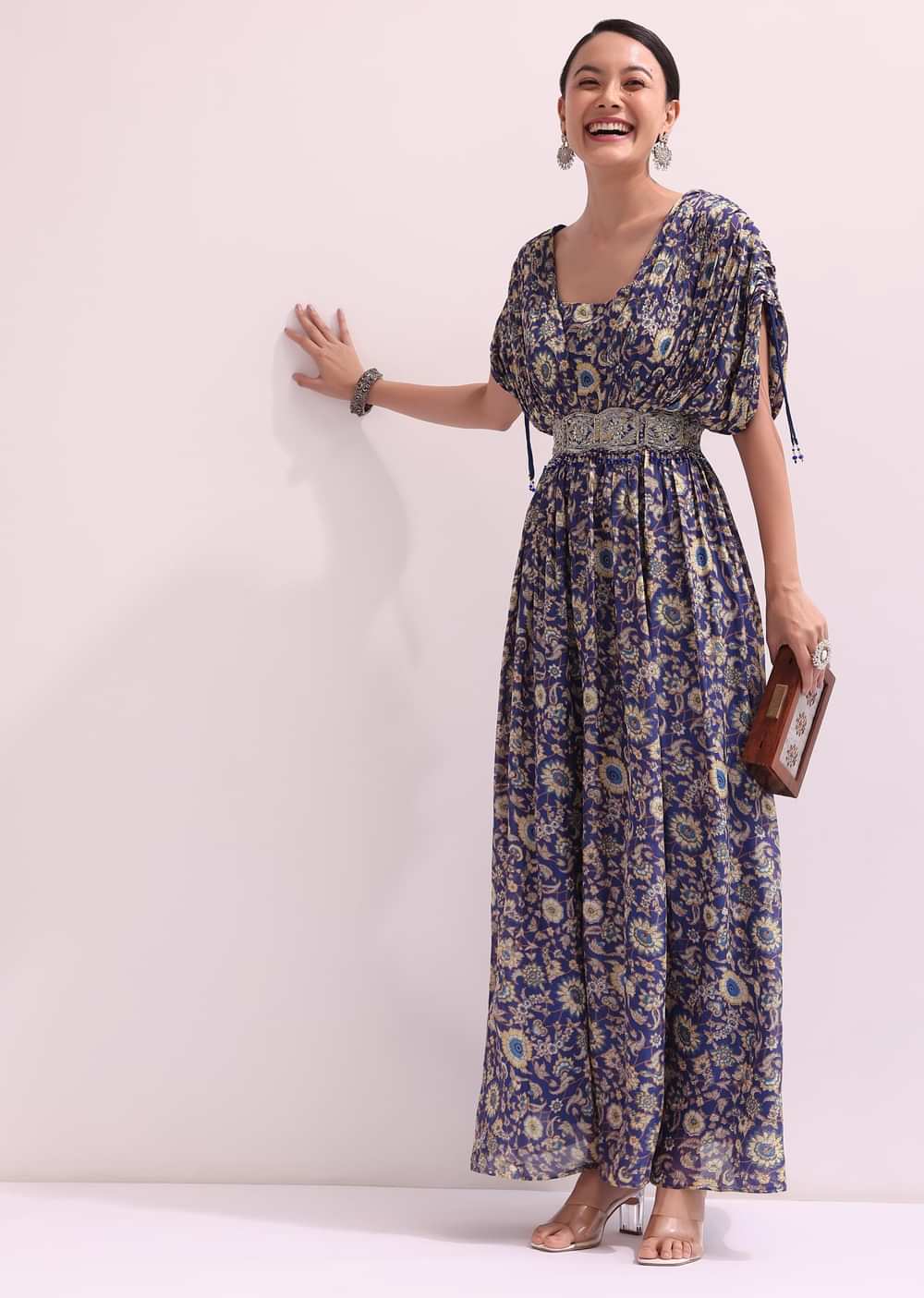 Dark Blue Floral Embroidered Jumpsuit