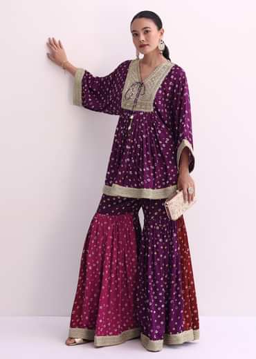 Purple Crepe Bandhani Print Sharara Set