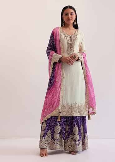 White And Purple Palazzo Set With Pink Dupatta