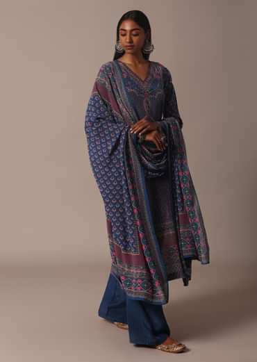 Blue Printed Palazzo Set With Stone Embellished Kurta