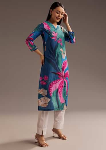 Blue Green Floral Print Beads Embellished Crepe Kurta