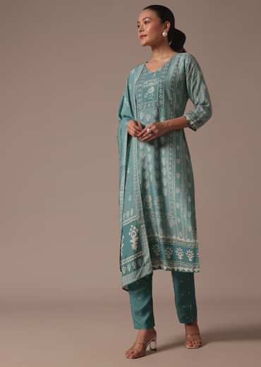 Blue Printed Cotton Kurta Pant Set