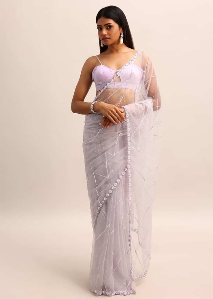Purple Embroidered Net Saree With Unstitched Blouse