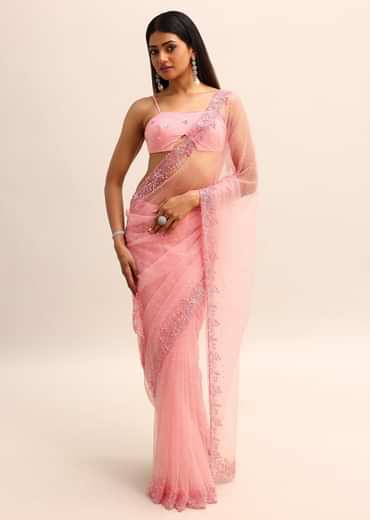 Pink Net Embroidered Saree With Unstitched Blouse