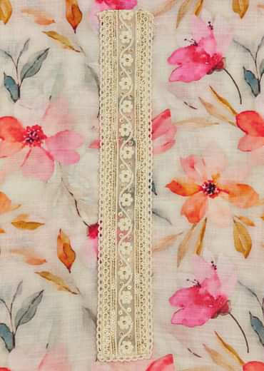 Off White Linen Unstitched Suit Set With Floral Print And Lace Detailing