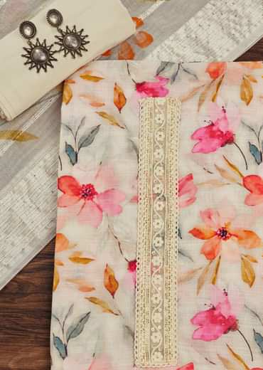Off White Linen Unstitched Suit Set With Floral Print And Lace Detailing