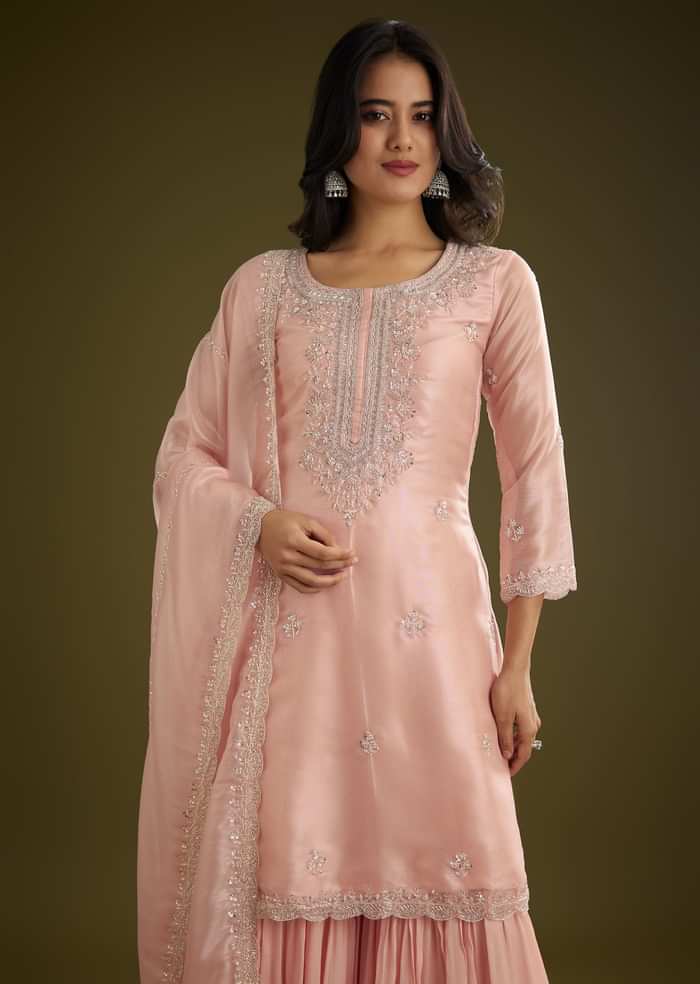 Light Peach Tissue Cut Dana Beads Kurta Set With Embroidered Dupatta