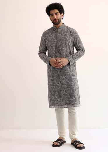 Grey Georgette Sequin Embroidered Kurta Set For Men