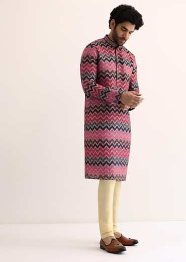 Pink Silk Printed Kurta Set For Men