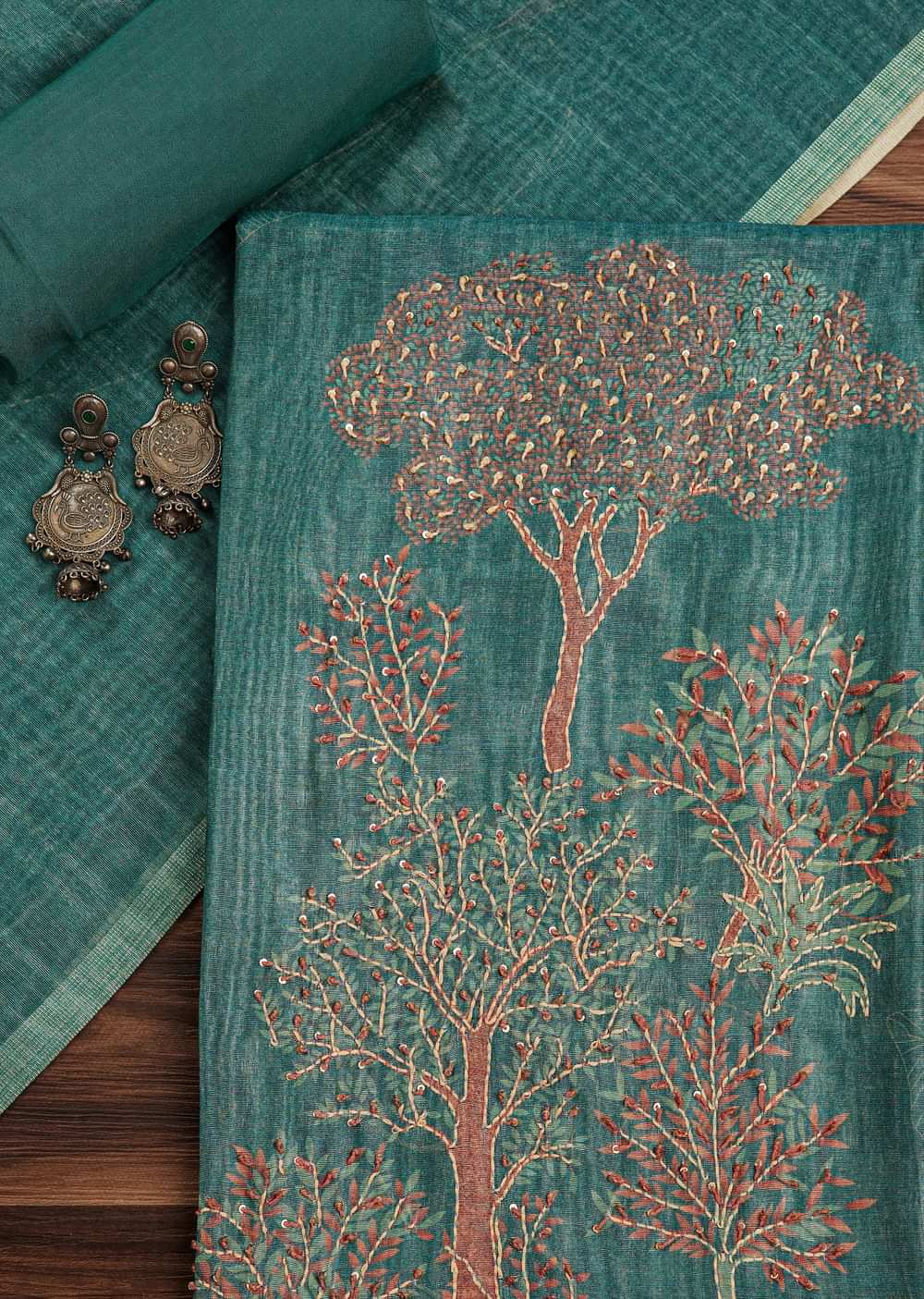 Green Tussar Unstitched Suit Set With Kantha Work And Sequins