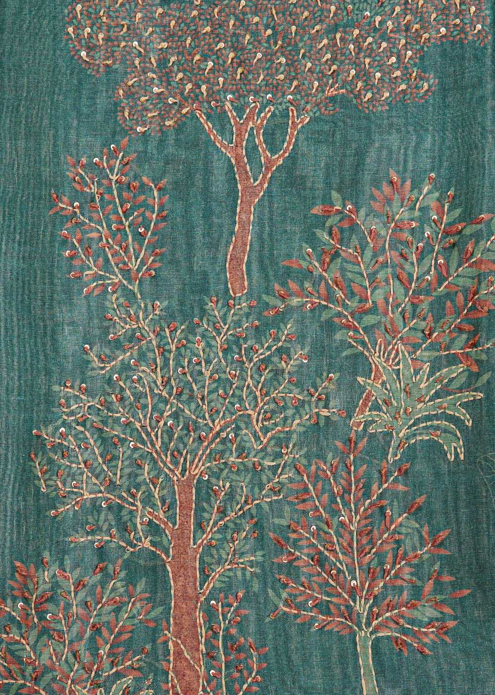 Green Tussar Unstitched Suit Set With Kantha Work And Sequins
